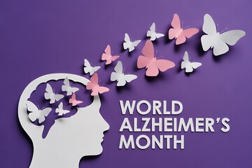 Symbolizing memory loss and hope, butterflies emerge from a human head silhouette for World Alzheimer's Month awareness campaigns.