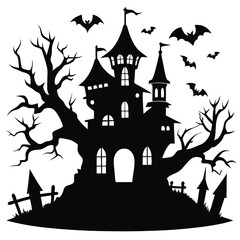 Spooky Silhouette Castle with Bats, Gnarled Trees, and a Creepy Fence on Halloween Night