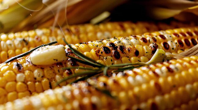 Grilled corn on the cob, garnished with garlic and rosemary, captures the essence of smoky flavors and appetizing textures in a vibrant scene