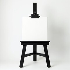 Minimalist presentation of blank square canvas on black easel against clean white studio background. Perfect for artists displaying new work creative projects. Offers ample copyspace for text
