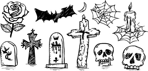 Gothic hand drawn set of black roses, skulls, and halloween elements for design