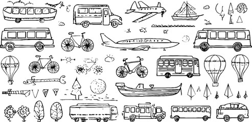 Hand drawn collection of decorative car, bicycle, and transportation doodles for creative design