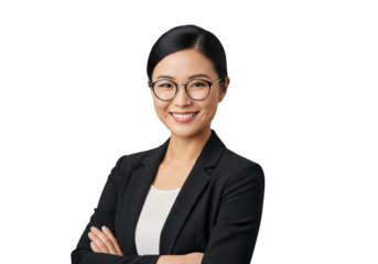 Smiling asian businesswoman with glasses isolated on transparent background