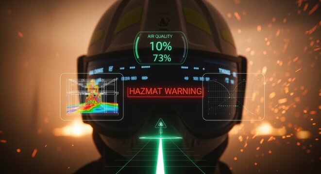 Smart helmet AR interface showing multilayered hazard information to guide emergency responders in a smokefilled disaster scenario.