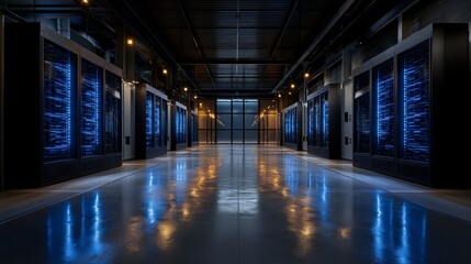 Modern data center interior with rows of illuminated server racks, polished floor reflecting blue lights, secure high tech environment, and industrial ceiling design