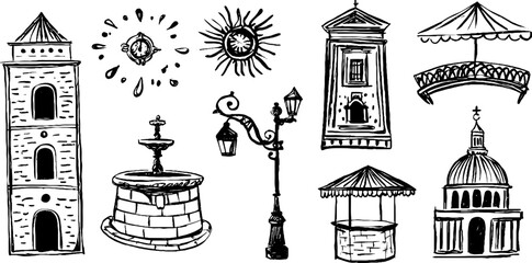 Hand drawn decorative elements of clock towers and historical architecture for design