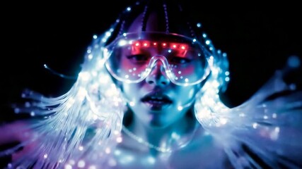 Woman dancing in neon light. Incredible futuristic image using fiber optics. Stunning image of cyberpunk dancer with glowing hair made of fiber optics. - Powered by Adobe