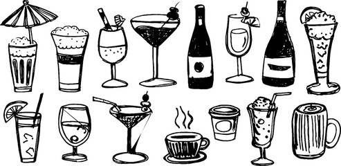 Hand drawn decorative cocktail and drink glasses collection for creative designs