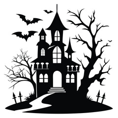Spooky Black Halloween Haunted House Silhouette with Bats, Trees, Tombstones, and Path
