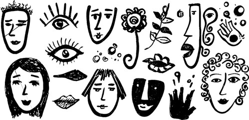 Collection of hand drawn decorative faces and surreal elements in cubist style for artistic design