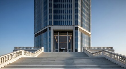 A grand stone staircase leads up to the imposing entrance of a modern glass and steel skyscraper.
