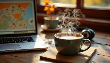 Steaming mug pumpkin spice latte beside laptop and headphones, student autumn workspace, cozy vibe, photo realistic clarity, high resolution, clear sharp composition.