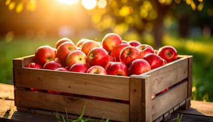 Red apples in wooden crate with sunset.