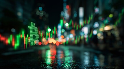 Cryptocurrency trading interface with glowing Bitcoin symbol, digital candlestick chart, and city street at night, reflecting financial excitement and futuristic technology