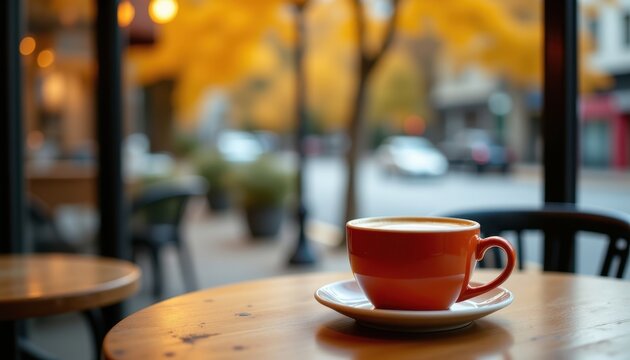 Steaming mug pumpkin spice latte on modern café table, blurred street with autumn colors outside, photo realistic clarity, high resolution, clear clean composition.