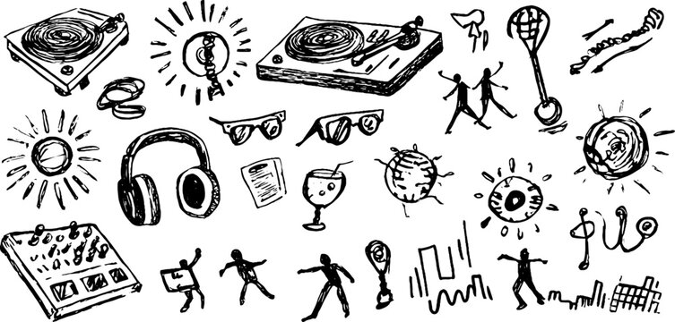 Hand drawn dj turntables and music elements collection for creative designs