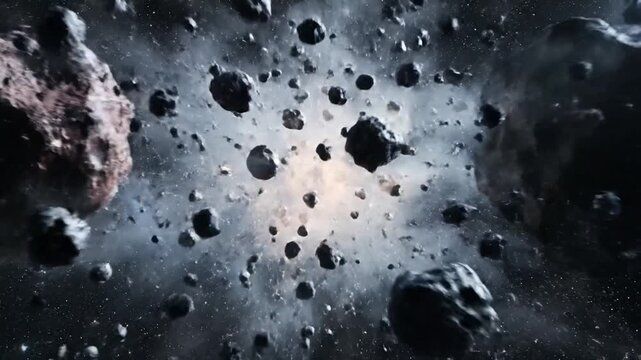 Dramatic space scene featuring two asteroids colliding and exploding into smaller fragments against a backdrop of stars and nebula, creating a dynamic and visually stunning cosmic event.