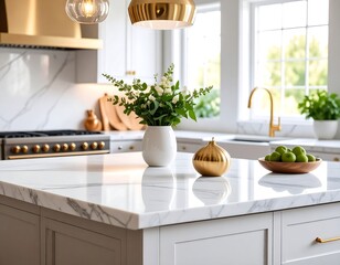 Modern kitchen island with marble countertop and gold accents