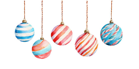 Festive Ornaments: A watercolor-style image of various colorful ornaments with stripe pattern, hanging from strings, creating a joyful scene of holiday decoration and festivity. 