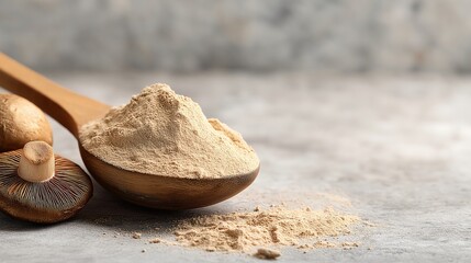 Fototapeta premium Reishi mushroom powder in wooden spoon with whole mushroom on gray background natural supplement organic healthy earthy wellness alternative medicine rustic style