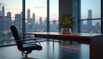Fototapeta premium Sleek modern office interior with executive desk, chair. Panoramic windows offer cityscape view at dusk with plant accent. Empty document holder on polished table suggests preparation for meeting
