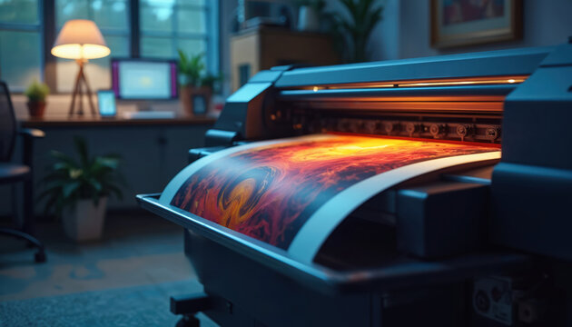 Modern large format printer produces vibrant abstract artwork with fiery orange, yellow colors. Advanced digital printing machine ensures high-quality, high-resolution graphics on canvas, ideal for