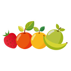Fresh vibrant fruits arranged: strawberry, orange, banana, and apple, perfect for healthy eating, food blogs, recipe design, and promoting wellness in commercial projects