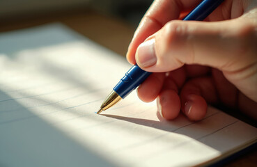 Hand writes notes in lined notebook with blue ballpoint pen. Focus on planning, business strategy, education, creative writing. Unrecognizable person, close-up on fingers holding pen against blank