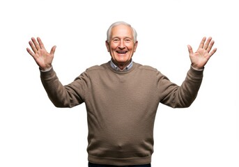 Friendly elderly man joyfully waving hello on a clean white background