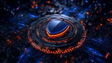 Shield emblem over microchips conveys advanced cyber defense and system resilience, representing secure networks threat prevention and trustworthy digital operations.
