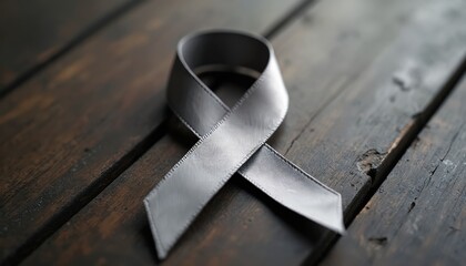 Close-up of grey ribbon awareness for diseases like Parkinson, brain cancer, diabetes. Satin ribbon lies on rustic wooden table, suggesting themes of solidarity, hope, fight for health.