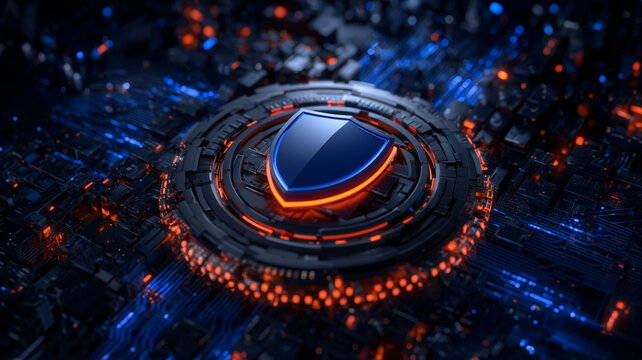 Shield emblem over microchips conveys advanced cyber defense and system resilience, representing secure networks threat prevention and trustworthy digital operations.
