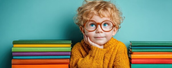 Adorable young boy with glasses sitting between stacks of colorful books