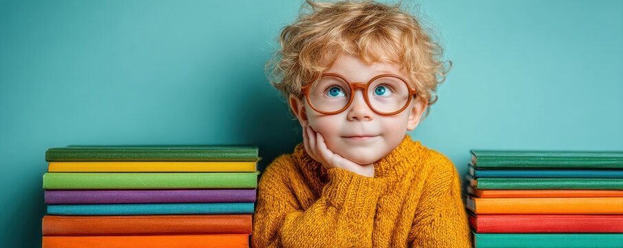 Adorable young boy with glasses sitting between stacks of colorful books