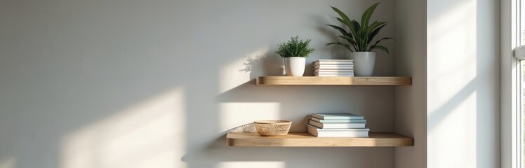 Wooden shelves display books, potted plants. Natural light streams from window, casting shadows on plain wall, creating cozy, modern home interior. Practical setup enhances living office space.