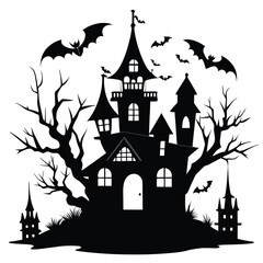 Spooky Black Haunted House Silhouette with Bats Flying Around for Halloween Season Illustration