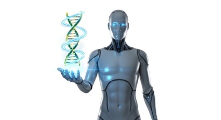Humanoid android holding floating glowing DNA double helix hologram, biotechnology theme, isolated on white background.
