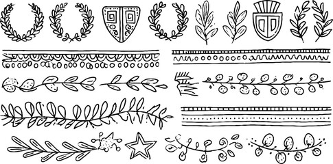 Set of hand drawn decorative greek meander borders featuring laurel wreaths and shields for design projects