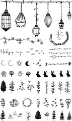 Fototapeta premium Set of hand drawn decorative lanterns and cherry blossoms for creative design