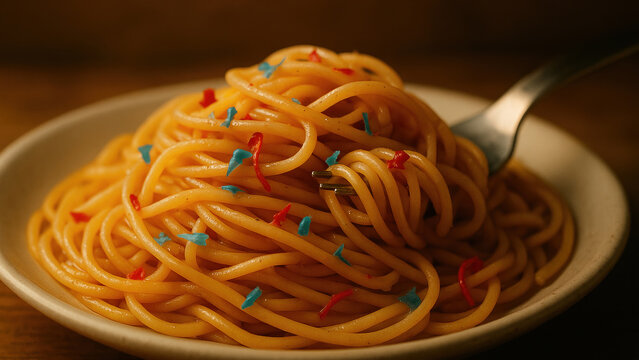 Delicious food featuring spaghetti topped with microplastics, highlighting issue of micro and plastics in our meals