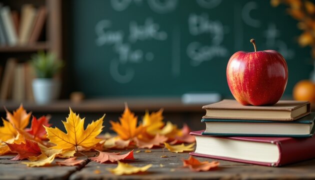 Close up teacher desk apple and books surrounded by colorful autumn leaves, chalkboard blurred background, photo realistic style, high resolution, clear sharp detail.