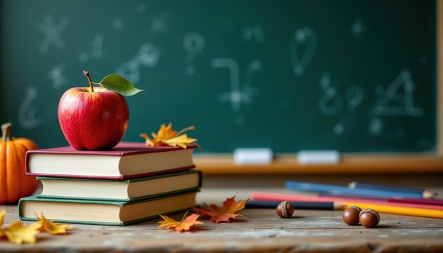 Teacher desk apple and books with autumn colored pencils and acorns, classroom chalkboard in background, photo realistic clarity, high resolution, clear detail.