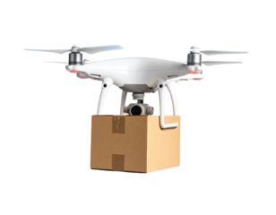 Front View White Drone with Package in Flight Over Stylized Green Neighborhood, Isolated PNG