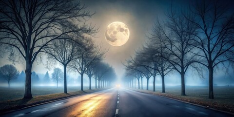 Serene Night Drive Under a Full Moon on a Foggy Road Lined with Leafless Trees