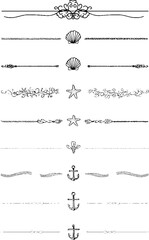 Set of decorative nautical ribbons with anchors and seashells for design projects