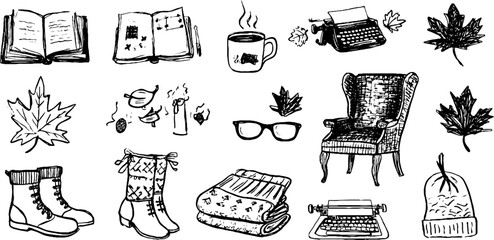Cozy autumn collection: hand-drawn open books, maple leaves, and vintage decor elements