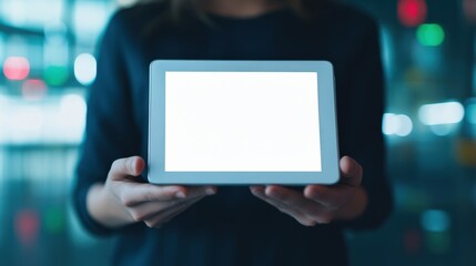 Businesswoman holding a digital tablet with a blank white screen in a server room, perfect for creating mockups and presentations