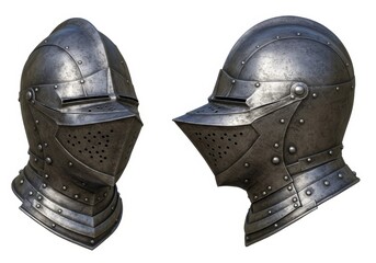 Close-up of Antique Medieval Knight Helmets Isolated on White Background
