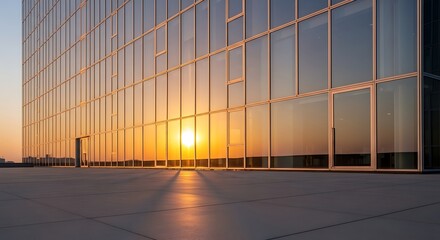 Fototapeta premium A modern glass building reflecting the warm colors of a sunset, creating a stunning visual.