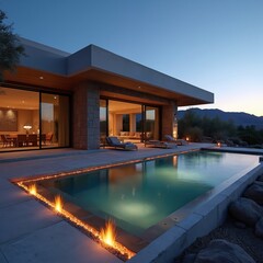 Fototapeta premium Modern desert mansion at night features illuminated swimming pool with lounge chairs, fire accents. Luxury contemporary residence boasts minimalist stone architecture, expansive windows, elegant